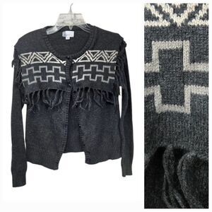 Volcom Wolf Clan Fringe Cardigan Sweater Tribal Intarsia Boho Charcoal XS Skater